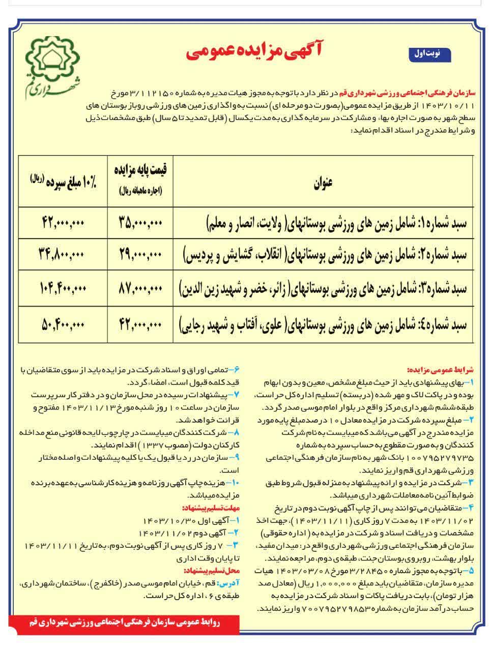 آگهی مزایده عمومی ۱۴ زمین ورزشی روباز قم منتشر شد